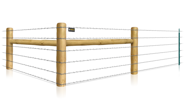 Barbed wire T-post fence with H-brace for farms in the Louisville, Kentucky area.