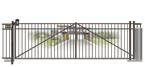 Metal sliding estate gate in closed position