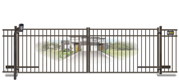 Metal swinging estate gate in closed position