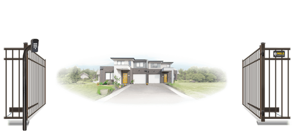 Metal swinging estate gate in open position