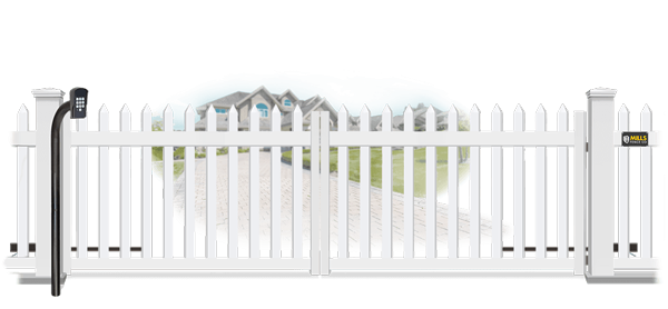 Vinyl swinging estate gate in closed position