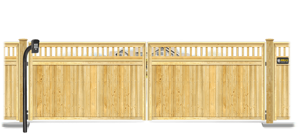 Wood swinging estate gate in closed position