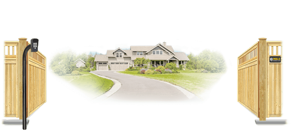 Wood swinging estate gate in open position