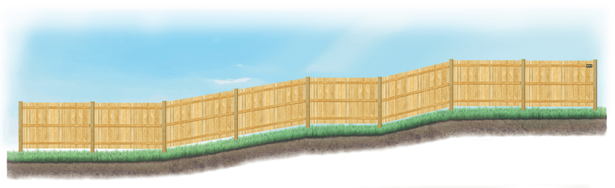 Racked Wood fence on uneven ground